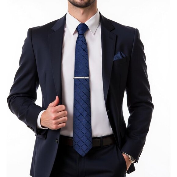 🆕Men Blue Plaid Silk Checkered Necktie and Pocket Square Cufflinks Tie Clip Set - Picture 2 of 6